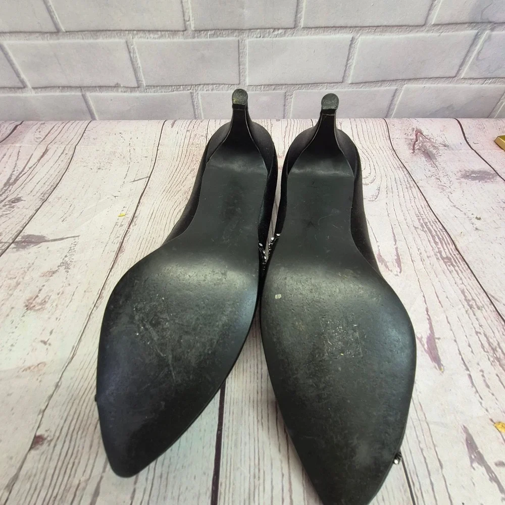 Touch Ups Womens Black Satin Rhinestone Pointed Toe Kitten Heel Pumps Size 7.5M
